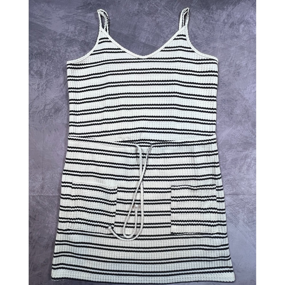 SHEIN Tank Dress Womens L Cream Black Striped Waffle-Knit Sleeveless Tie Waist